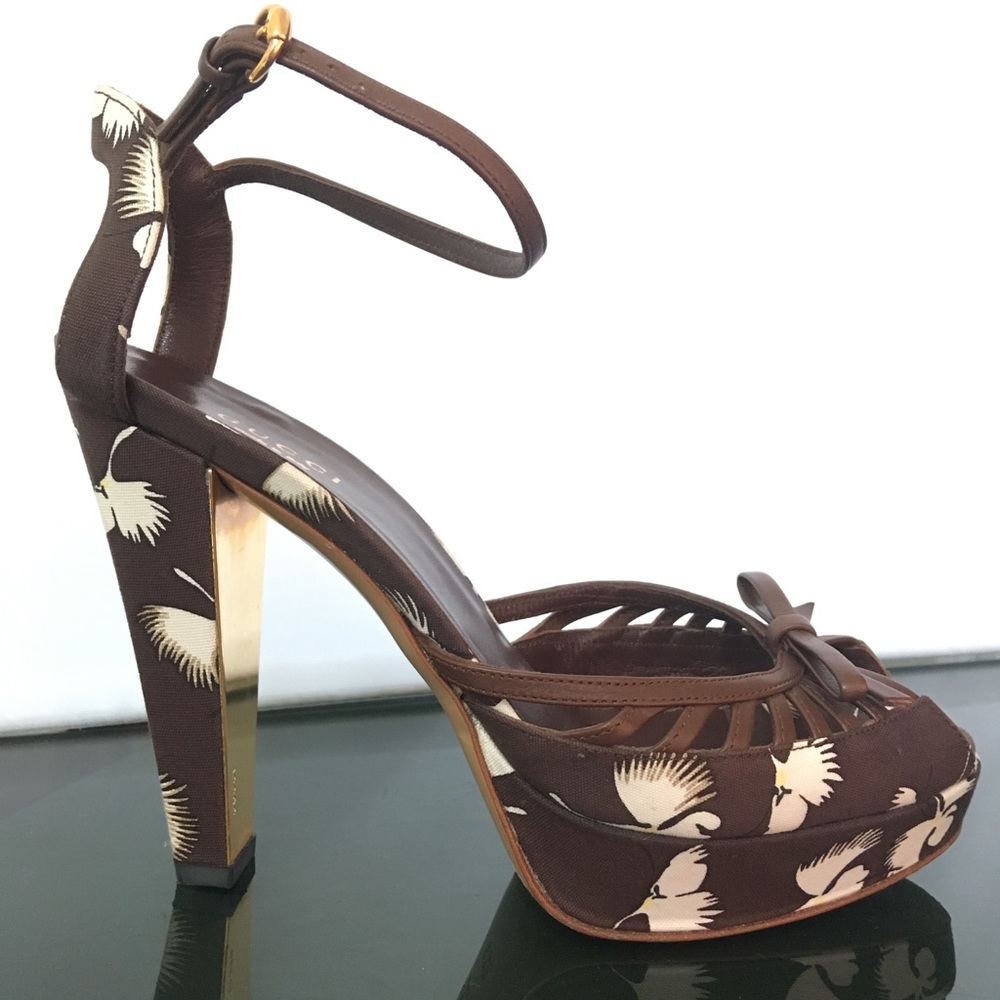 Gucci Brown Floral Ankle Strap Platform 36.5